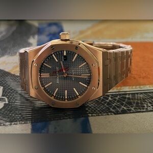 Luxury Automatic Stainless Steel Sports Watch Rose Gold Blue Textured Dial 41mm